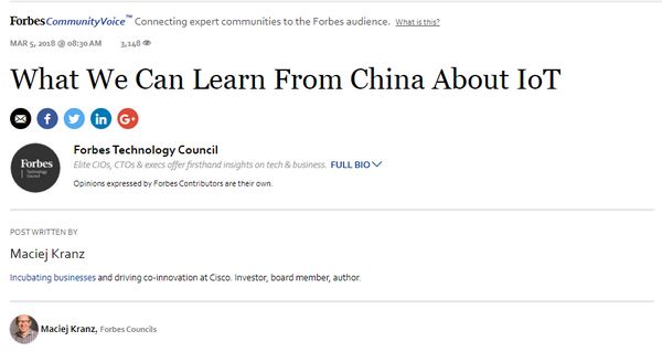 思科高管撰文称中国物联网领军者 外国网友：向中国学习
